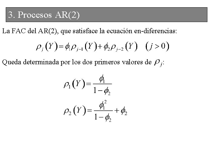 3. Procesos AR(2) La FAC del AR(2), que satisface la ecuación en-diferencias: Queda determinada