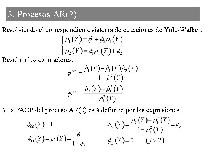 2. 3. Procesos AR(2) Resolviendo el correspondiente sistema de ecuaciones de Yule-Walker: Resultan los