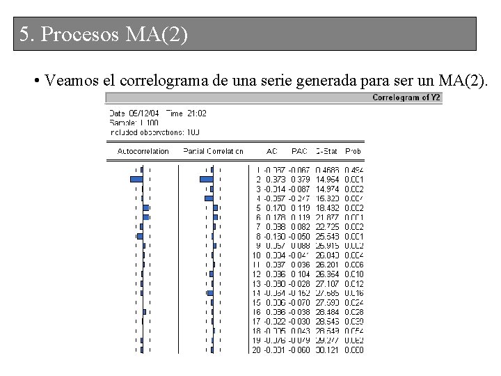 5. 4. Procesos. MA(2) • Veamos el correlograma de una serie generada para ser