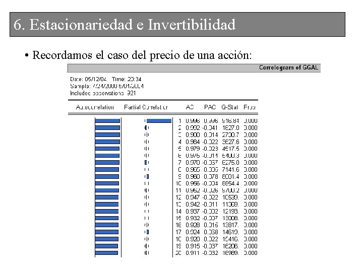 6. Estacionariedad e Invertibilidad • Recordamos el caso del precio de una acción: 