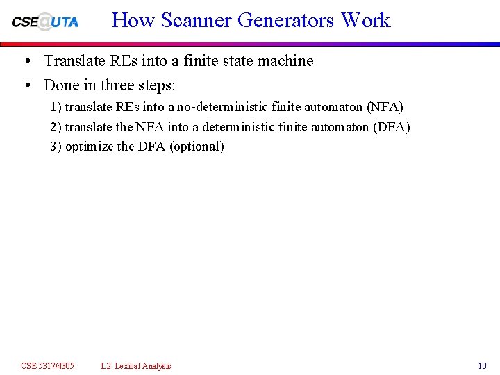 How Scanner Generators Work • Translate REs into a finite state machine • Done