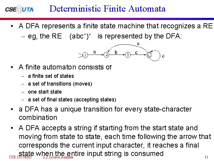 Deterministic Finite Automata • A DFA represents a finite state machine that recognizes a