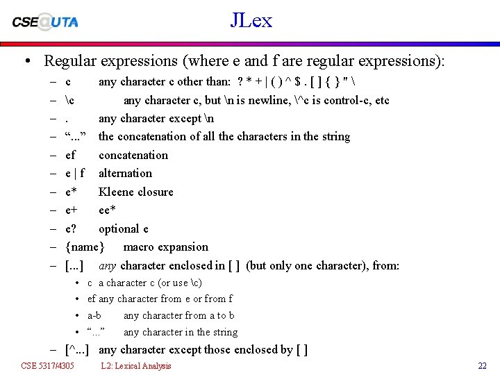 JLex • Regular expressions (where e and f are regular expressions): – – –
