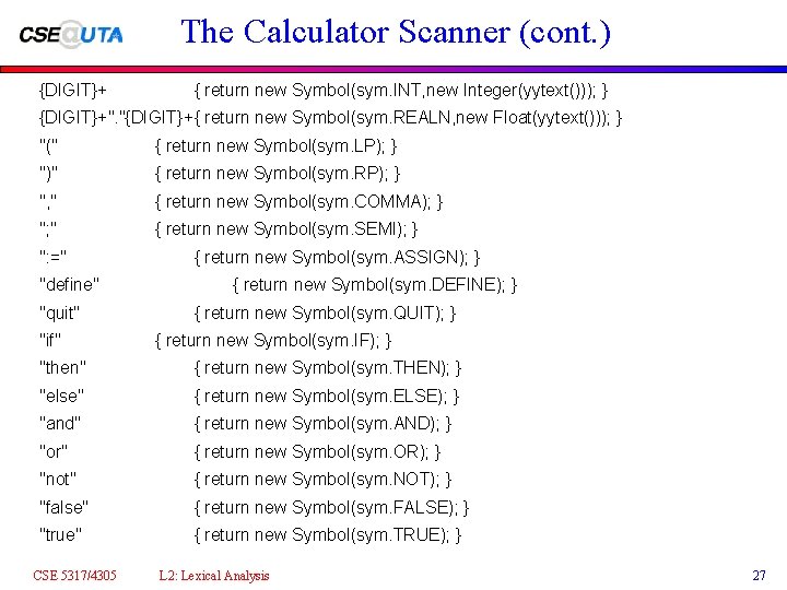 The Calculator Scanner (cont. ) {DIGIT}+ { return new Symbol(sym. INT, new Integer(yytext())); }