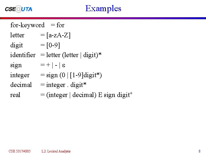 Examples for-keyword = for letter = [a-z. A-Z] digit = [0 -9] identifier =