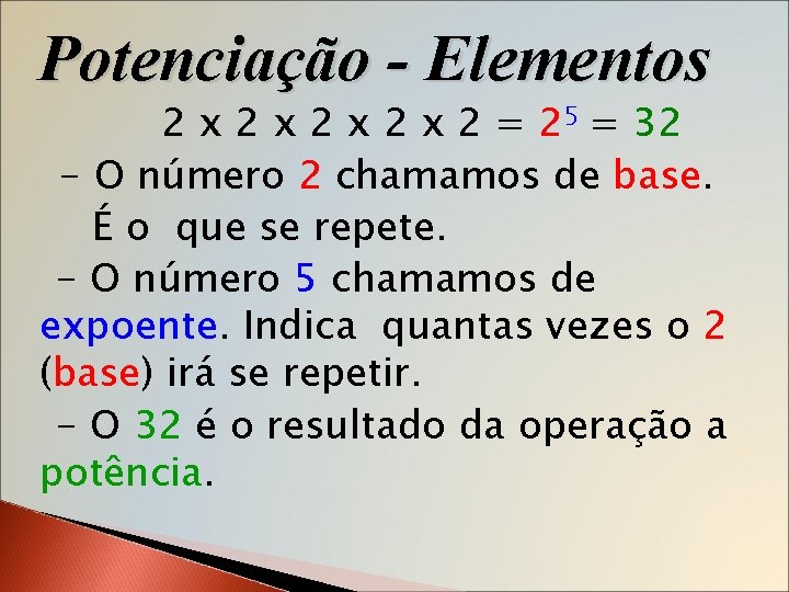 Potenciação - Elementos 2 x 2 x 2 = 25 = 32 - O