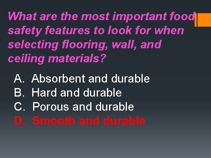 What are the most important food safety features to look for when selecting flooring,