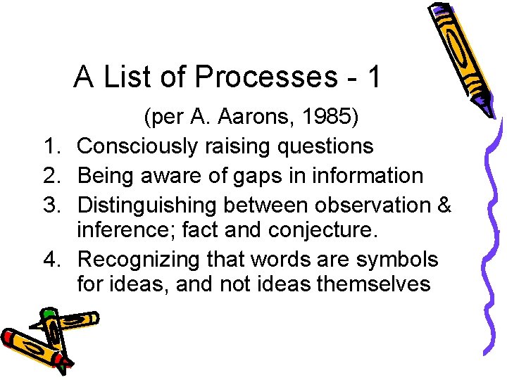 A List of Processes - 1 1. 2. 3. 4. (per A. Aarons, 1985)