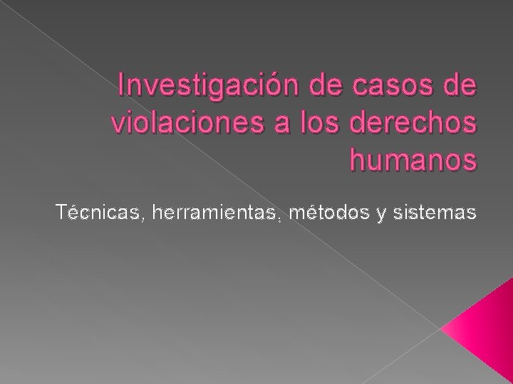 Investigación de casos de violaciones a los derechos humanos Técnicas, herramientas, métodos y sistemas Investigación de casos de violaciones a los derechos humanos Técnicas, herramientas, métodos y sistemas