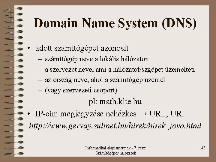Domain Name System (DNS) • adott számítógépet azonosít – – számítógép neve a lokális