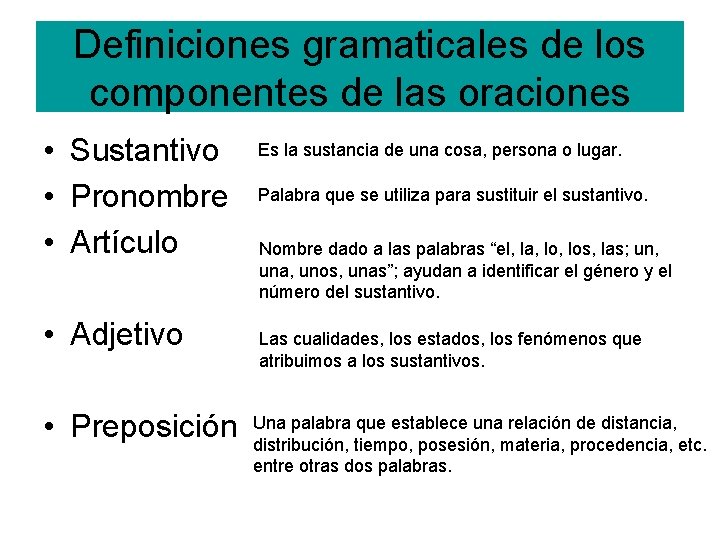 Definiciones gramaticales de los componentes de las oraciones • Sustantivo • Pronombre • Artículo