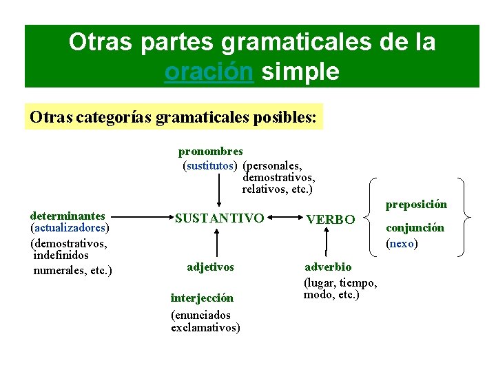Otras partes gramaticales de la oración simple Otras categorías gramaticales posibles: pronombres (sustitutos) (personales,