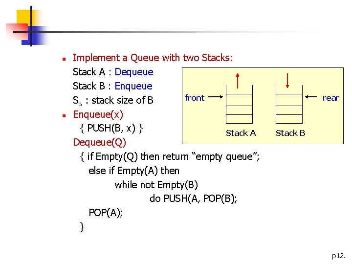 n n Implement a Queue with two Stacks: Stack A : Dequeue Stack B