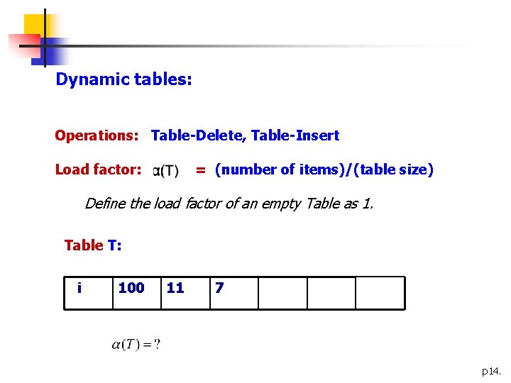 Dynamic tables: Operations: Table-Delete, Table-Insert Load factor: = (number of items)/(table size) Define the