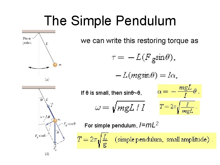 The Simple Pendulum we can write this restoring torque as If θ is small,