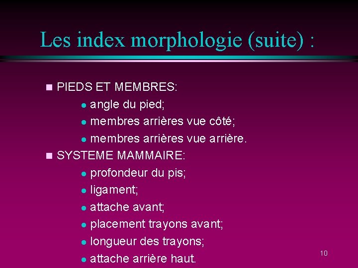 Les index morphologie (suite) : PIEDS ET MEMBRES: l angle du pied; l membres