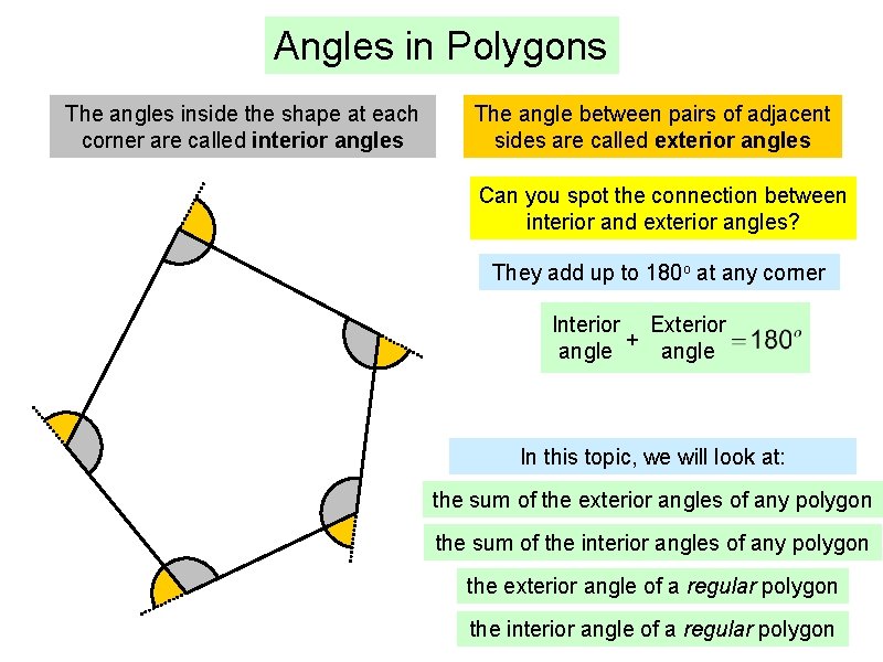 Angles in Polygons The angles inside the shape at each corner are called interior