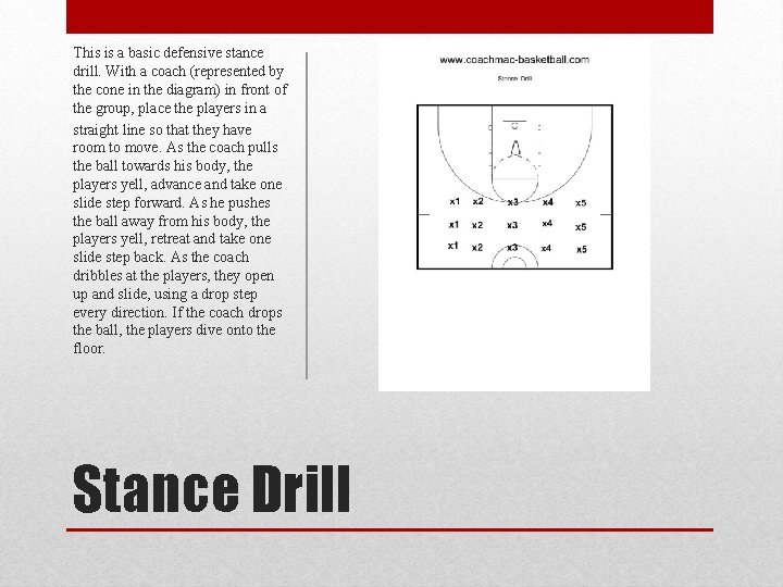 This is a basic defensive stance drill. With a coach (represented by the cone