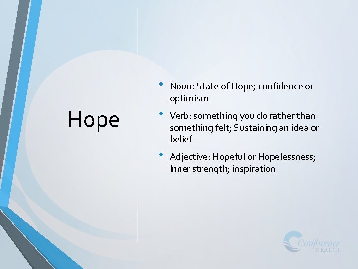 Hope • Noun: State of Hope; confidence or optimism • Verb: something you do