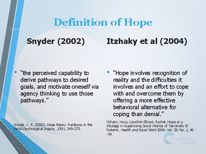 Definition of Hope Snyder (2002) • “the perceived capability to derive pathways to desired