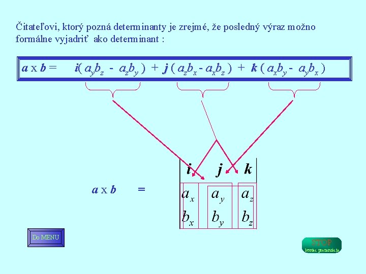 Čitateľovi, ktorý pozná determinanty je zrejmé, že posledný výraz možno formálne vyjadriť ako determinant