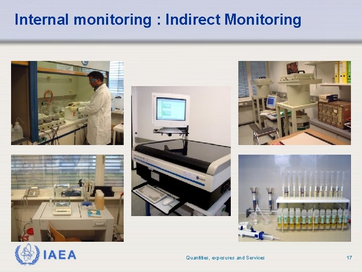 Internal monitoring : Indirect Monitoring IAEA Quantities, exposures and Services 17 Internal monitoring : Indirect Monitoring IAEA Quantities, exposures and Services 17