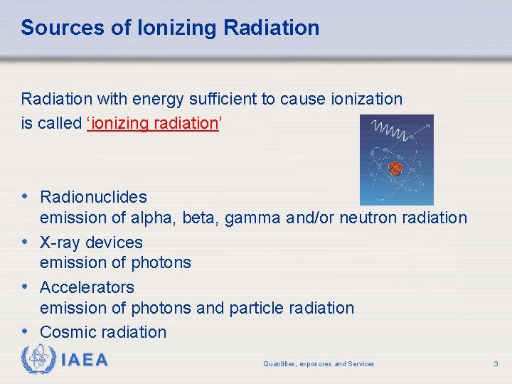 Sources of Ionizing Radiation with energy sufficient to cause ionization is called ‘ionizing radiation’ Sources of Ionizing Radiation with energy sufficient to cause ionization is called ‘ionizing radiation’