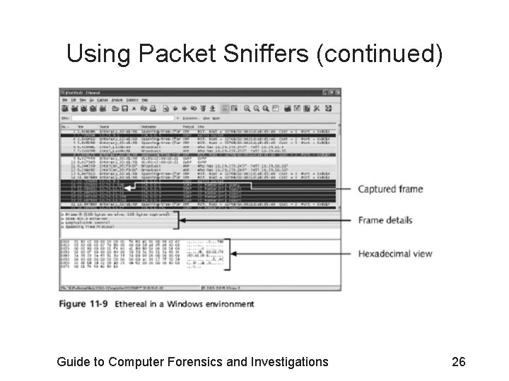 Using Packet Sniffers (continued) Guide to Computer Forensics and Investigations 26 