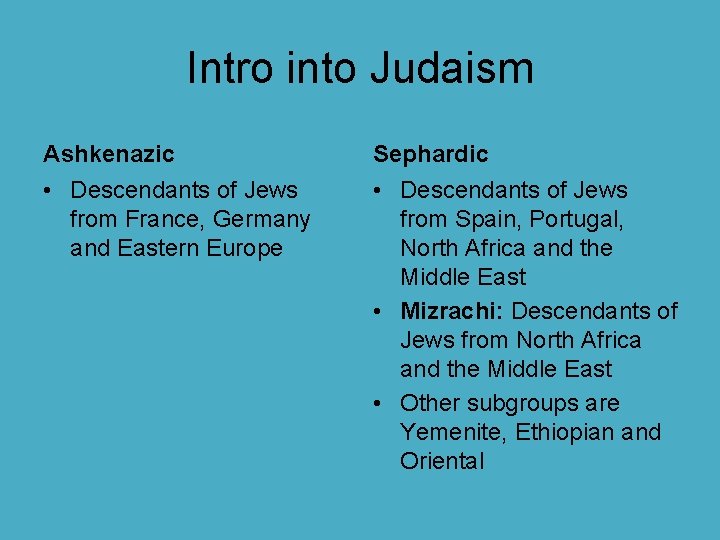 Intro into Judaism Ashkenazic Sephardic • Descendants of Jews from France, Germany and Eastern