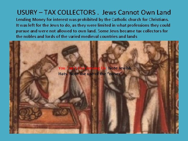 USURY – TAX COLLECTORS. Jews Cannot Own Land Lending Money for interest was prohibited