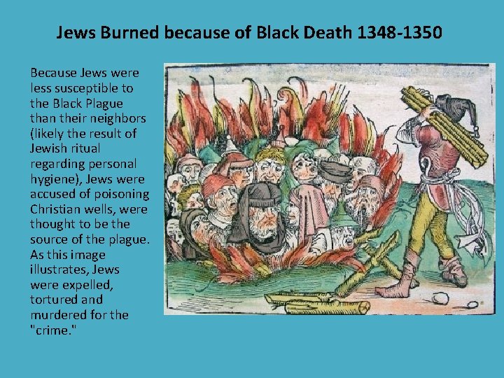 Jews Burned because of Black Death 1348 -1350 Because Jews were less susceptible to