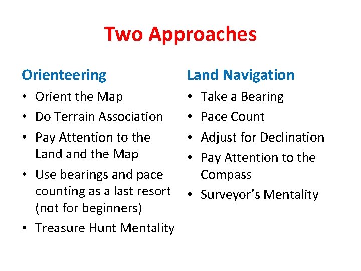 Two Approaches Orienteering Land Navigation • Orient the Map • Do Terrain Association •