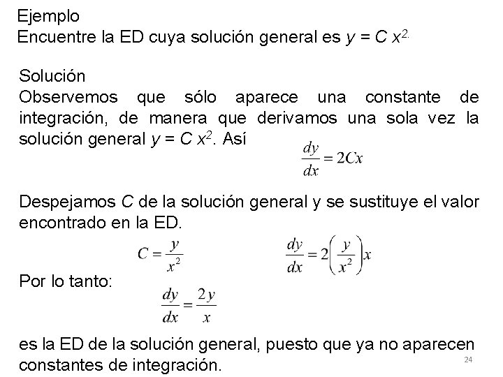 Ejemplo Encuentre la ED cuya solución general es y = C x 2. Solución Ejemplo Encuentre la ED cuya solución general es y = C x 2. Solución