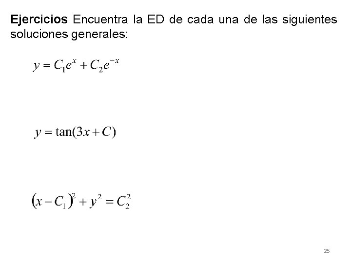 Ejercicios Encuentra la ED de cada una de las siguientes soluciones generales: 25 Ejercicios Encuentra la ED de cada una de las siguientes soluciones generales: 25