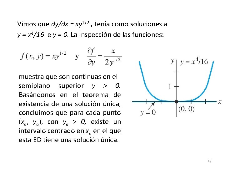 Vimos que dy/dx = xy 1/2 , tenía como soluciones a y = x Vimos que dy/dx = xy 1/2 , tenía como soluciones a y = x