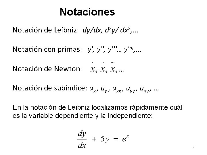 Notaciones Notación de Leibniz: dy/dx, d 2 y/ dx 2, . . . Notación Notaciones Notación de Leibniz: dy/dx, d 2 y/ dx 2, . . . Notación