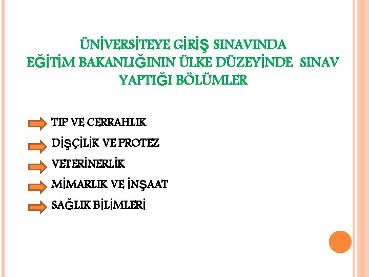 ÜNİVERSİTEYE GİRİŞ SINAVINDA EĞİTİM BAKANLIĞININ ÜLKE DÜZEYİNDE SINAV YAPTIĞI BÖLÜMLER TIP VE CERRAHLIK DİŞÇİLİK