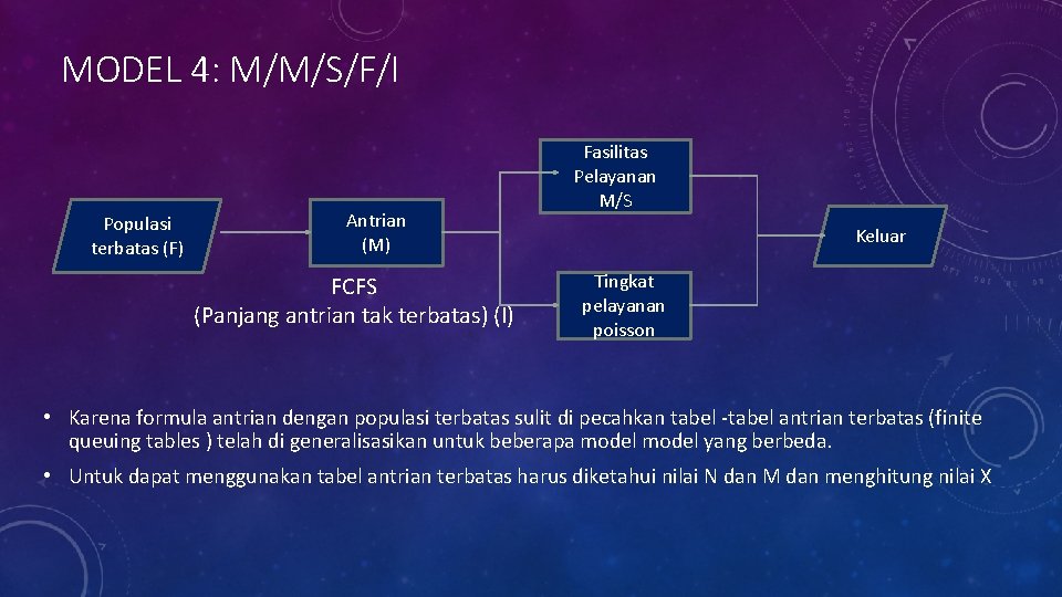 MODEL 4: M/M/S/F/I Populasi terbatas (F) Antrian (M) FCFS (Panjang antrian tak terbatas) (I)