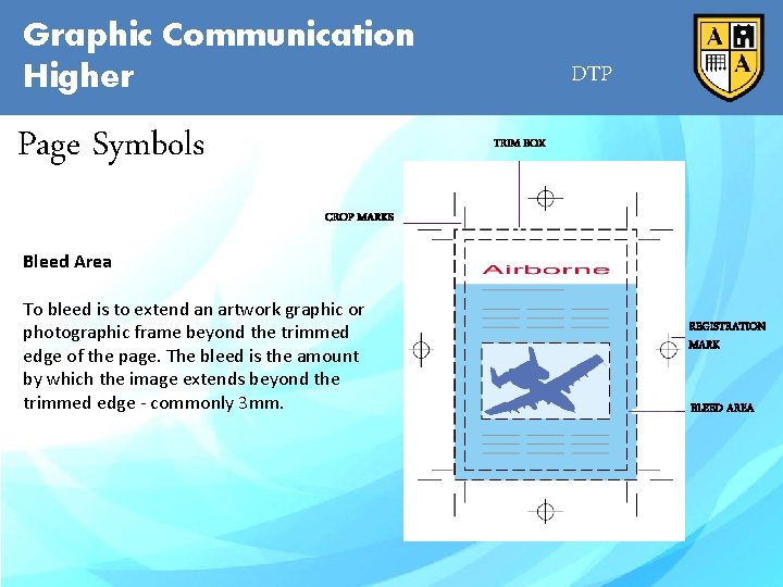 Graphic Communication Higher Page Symbols DTP TRIM BOX CROP MARKS Bleed Area To bleed