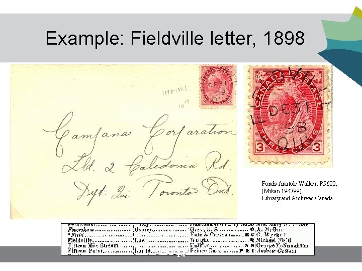 Example: Fieldville letter, 1898 Fonds Anatole Walker, R 9622, (Mikan 194799), Library and Archives Example: Fieldville letter, 1898 Fonds Anatole Walker, R 9622, (Mikan 194799), Library and Archives