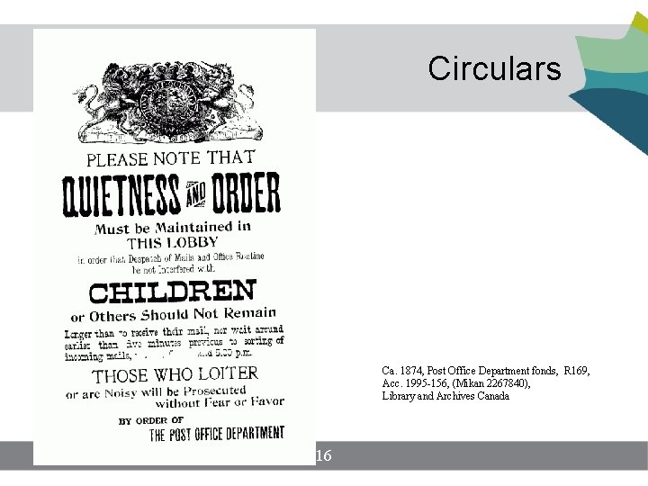 Circulars Ca. 1874, Post Office Department fonds, R 169, Acc. 1995 -156, (Mikan 2267840), Circulars Ca. 1874, Post Office Department fonds, R 169, Acc. 1995 -156, (Mikan 2267840),