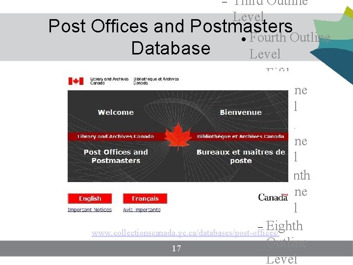 Third Outline Level Post Offices and Postmasters Fourth Outline Database Level Fifth Outline Third Outline Level Post Offices and Postmasters Fourth Outline Database Level Fifth Outline