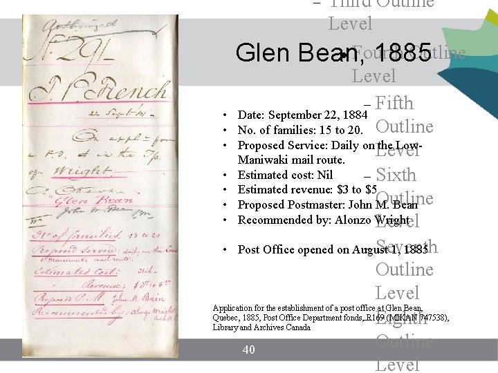 Third Outline Level Fourth Outline Glen Bean, 1885 Level Fifth • Date: September Third Outline Level Fourth Outline Glen Bean, 1885 Level Fifth • Date: September