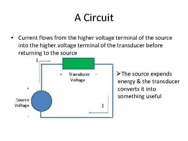 A Circuit • Current flows from the higher voltage terminal of the source into