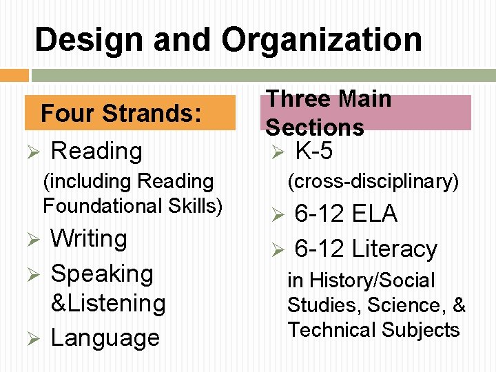 Design and Organization Four Strands: Ø Reading (including Reading Foundational Skills) Writing Ø Speaking Design and Organization Four Strands: Ø Reading (including Reading Foundational Skills) Writing Ø Speaking