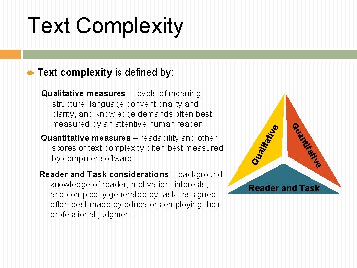 Text Complexity Text complexity is defined by: ive tat ali e tiv Qu tita Text Complexity Text complexity is defined by: ive tat ali e tiv Qu tita