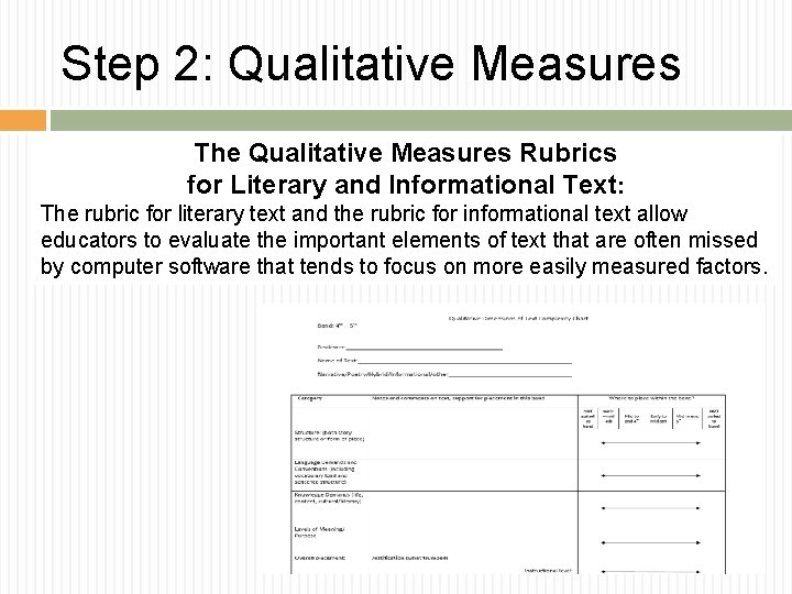 Step 2: Qualitative Measures The Qualitative Measures Rubrics for Literary and Informational Text: The Step 2: Qualitative Measures The Qualitative Measures Rubrics for Literary and Informational Text: The