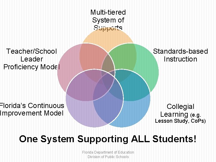 Multi-tiered System of Supports Teacher/School Leader Proficiency Model Standards-based Instruction Florida’s Continuous Improvement Model Multi-tiered System of Supports Teacher/School Leader Proficiency Model Standards-based Instruction Florida’s Continuous Improvement Model