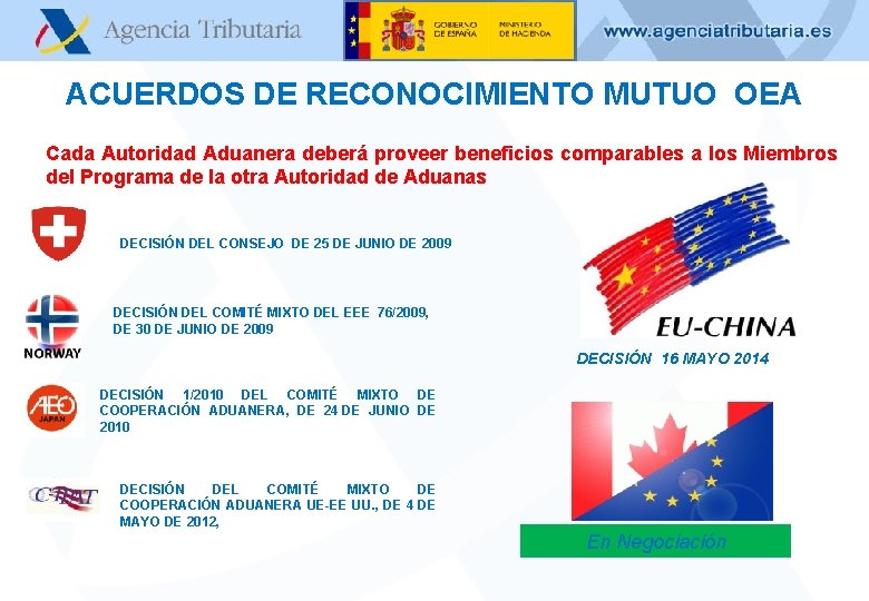 ACUERDOS DE RECONOCIMIENTO MUTUO OEA Cada Autoridad Aduanera deberá proveer beneficios comparables a los