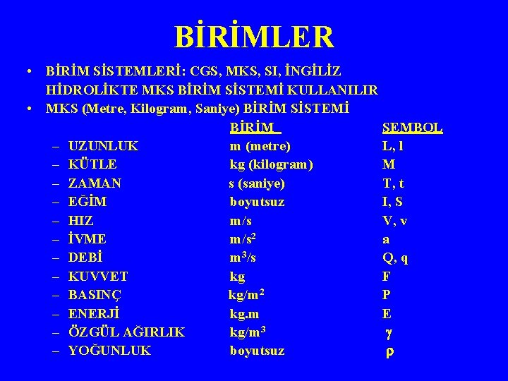 BİRİMLER • BİRİM SİSTEMLERİ: CGS, MKS, SI, İNGİLİZ HİDROLİKTE MKS BİRİM SİSTEMİ KULLANILIR •